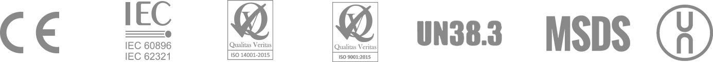 CE, IEC, ISO 9001, ISO 14001, UN38.3 and MSDS certification marks
